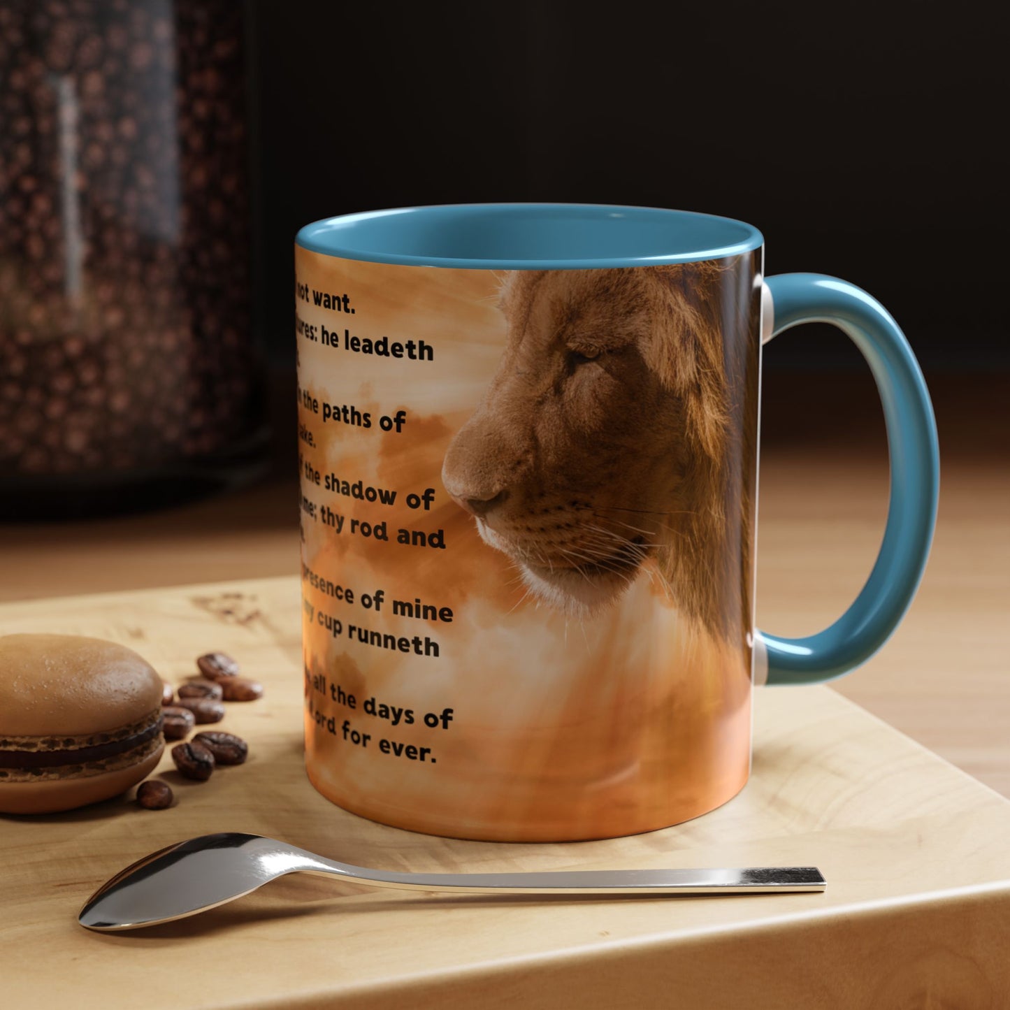 PSALM 23 Inspirational Coffee Mug with Lion Design, Spiritual Gift for Her, Housewarming Present, Faith-Based Kitchen Decor