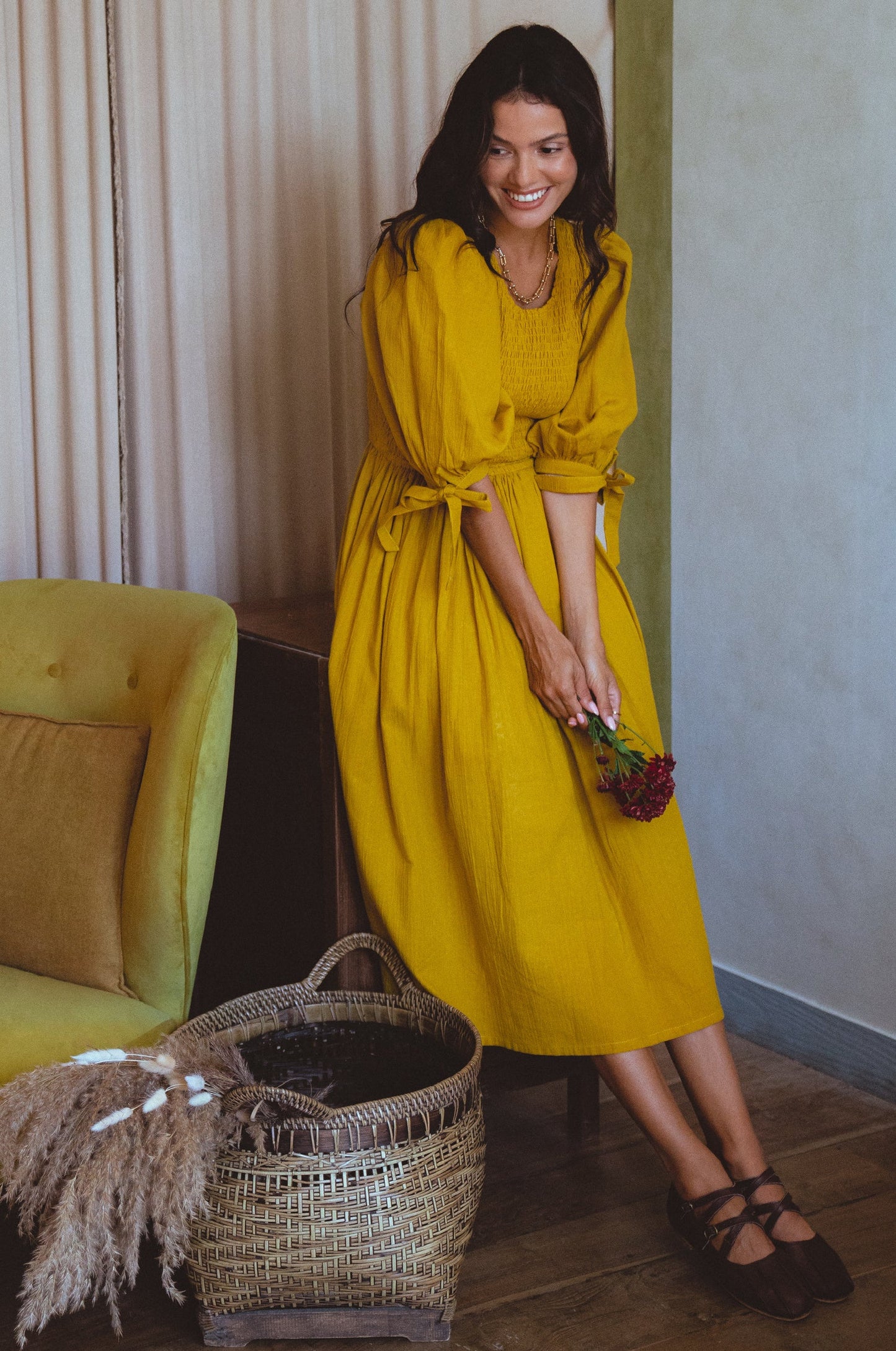 Smocked Linen Midi Dress