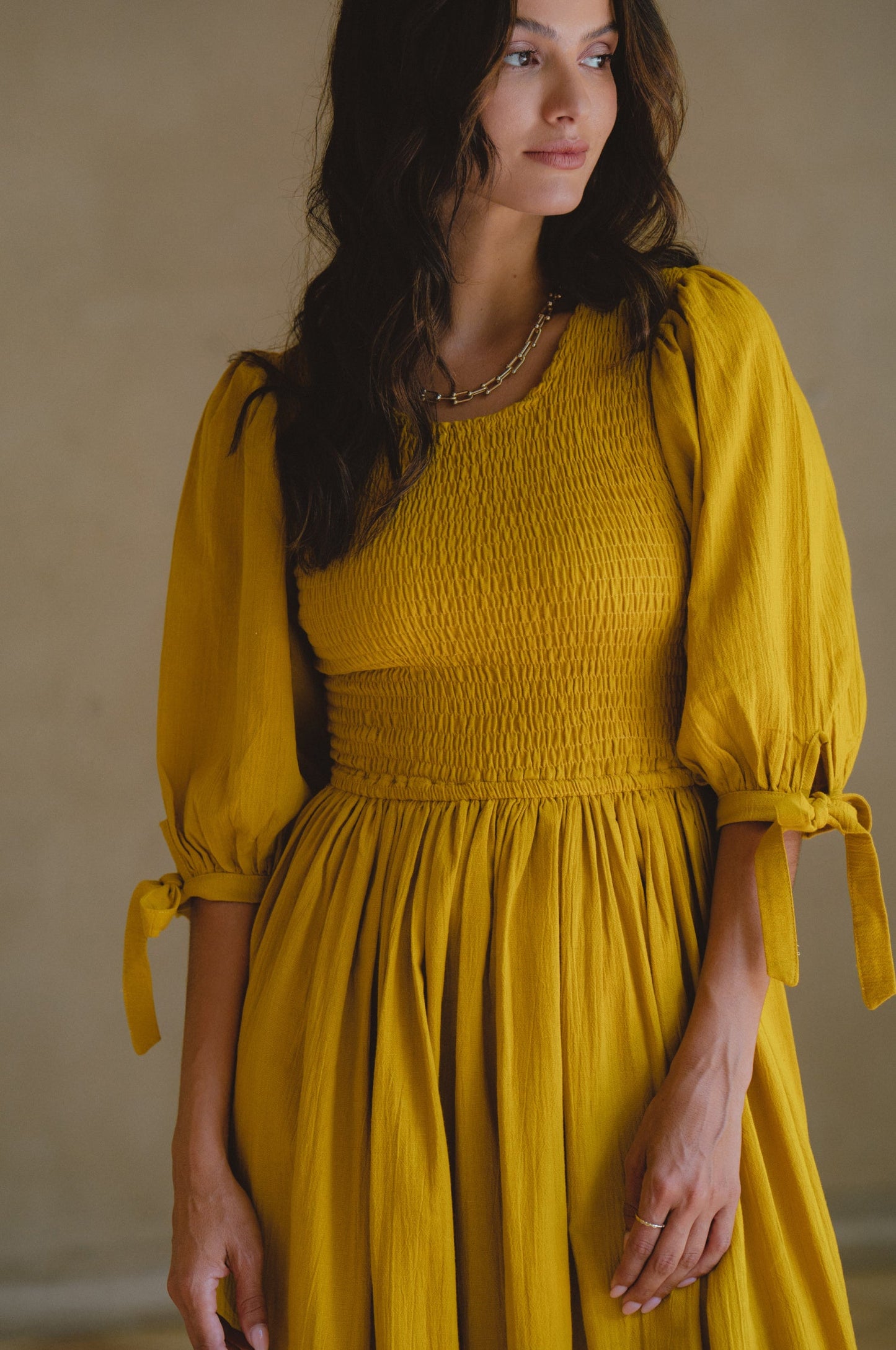 Smocked Linen Midi Dress