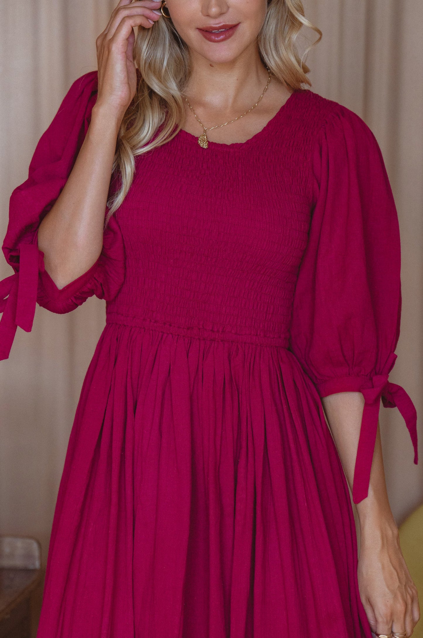 Smocked Linen Midi Dress