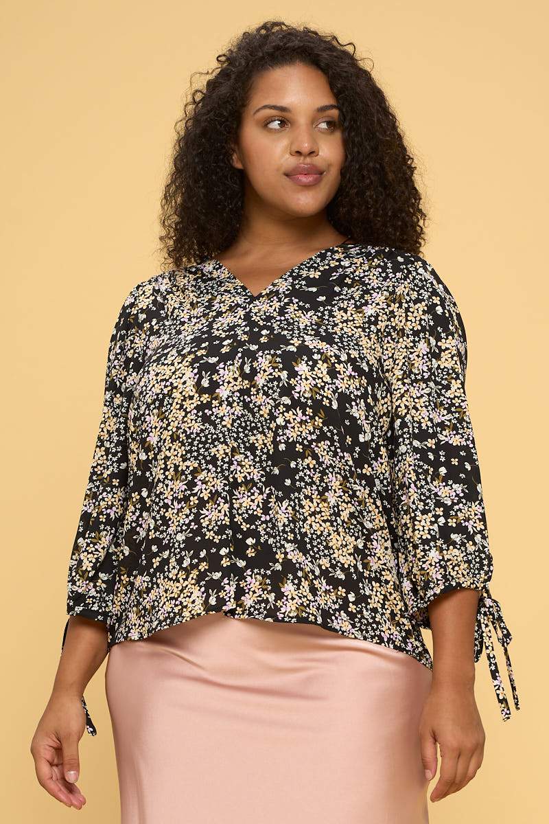 Floral Print Top with Self Tie Sleeves