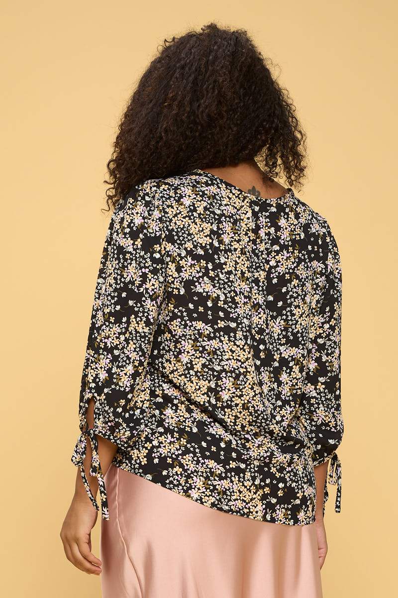 Floral Print Top with Self Tie Sleeves