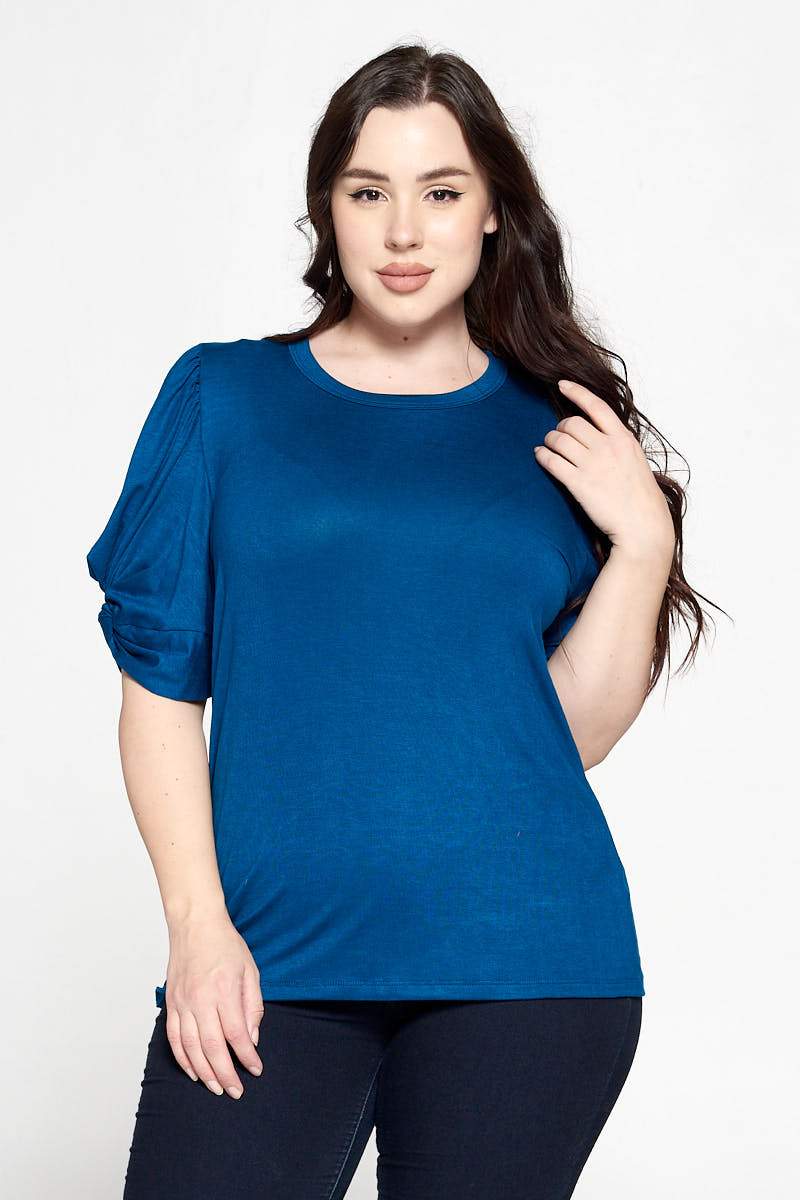Solid Short Sleeve Top with Scrunched Sleeves