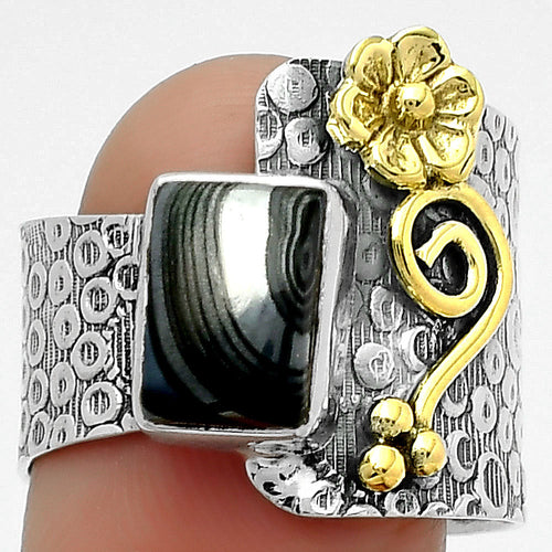 Two Tone Crown Of Silver Psilomelane Black Malachite Silver Ring