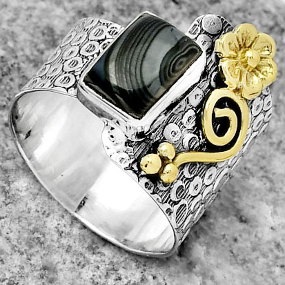 Two Tone Crown Of Silver Psilomelane Black Malachite Silver Ring