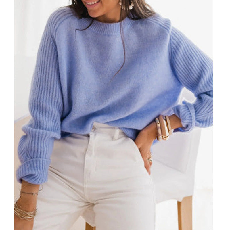 European Milk Blue Bedford Cord Sweater Women's Round-collar