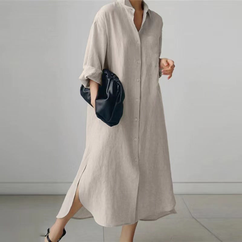 Women's Slit Shirt Dress Solid Color Long-sleeved Cardigan Irregular