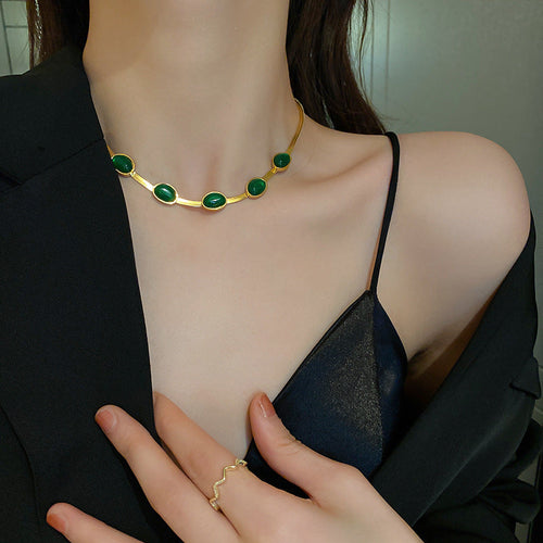 Fashion Jewelry Green Stone Crytal Snake Chain Multilayer Necklace For