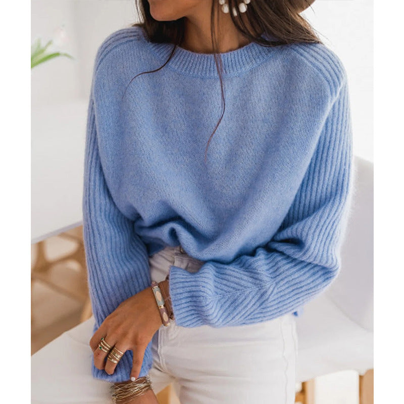 European Milk Blue Bedford Cord Sweater Women's Round-collar