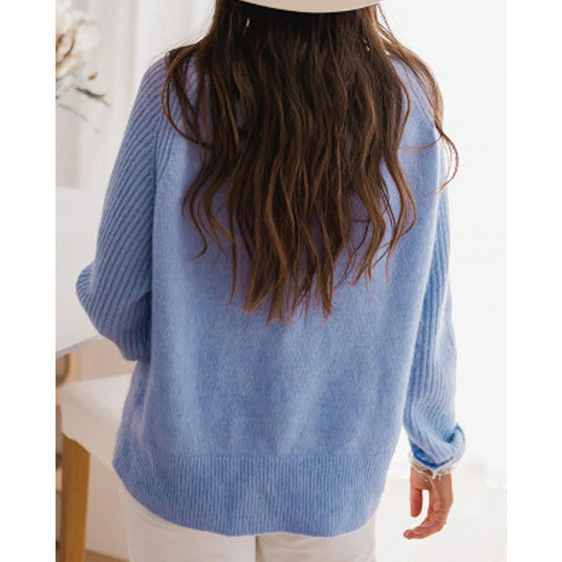 European Milk Blue Bedford Cord Sweater Women's Round-collar