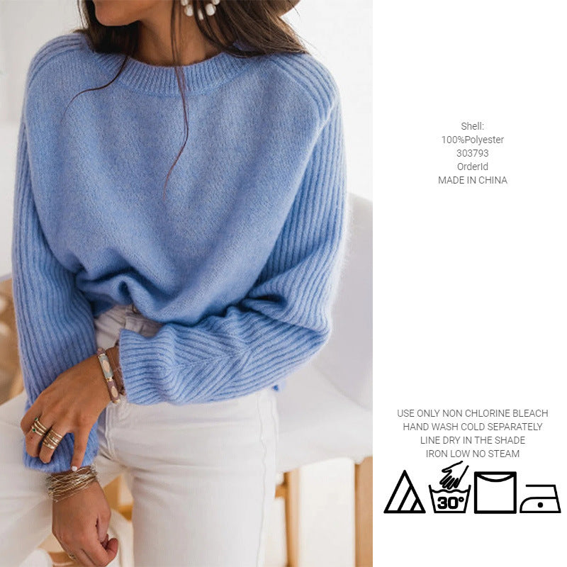 European Milk Blue Bedford Cord Sweater Women's Round-collar