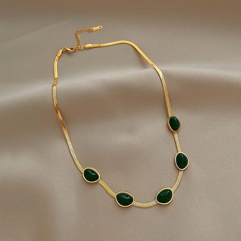 Fashion Jewelry Green Stone Crytal Snake Chain Multilayer Necklace For