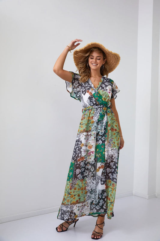 Maxi wrap dress with a belt, green