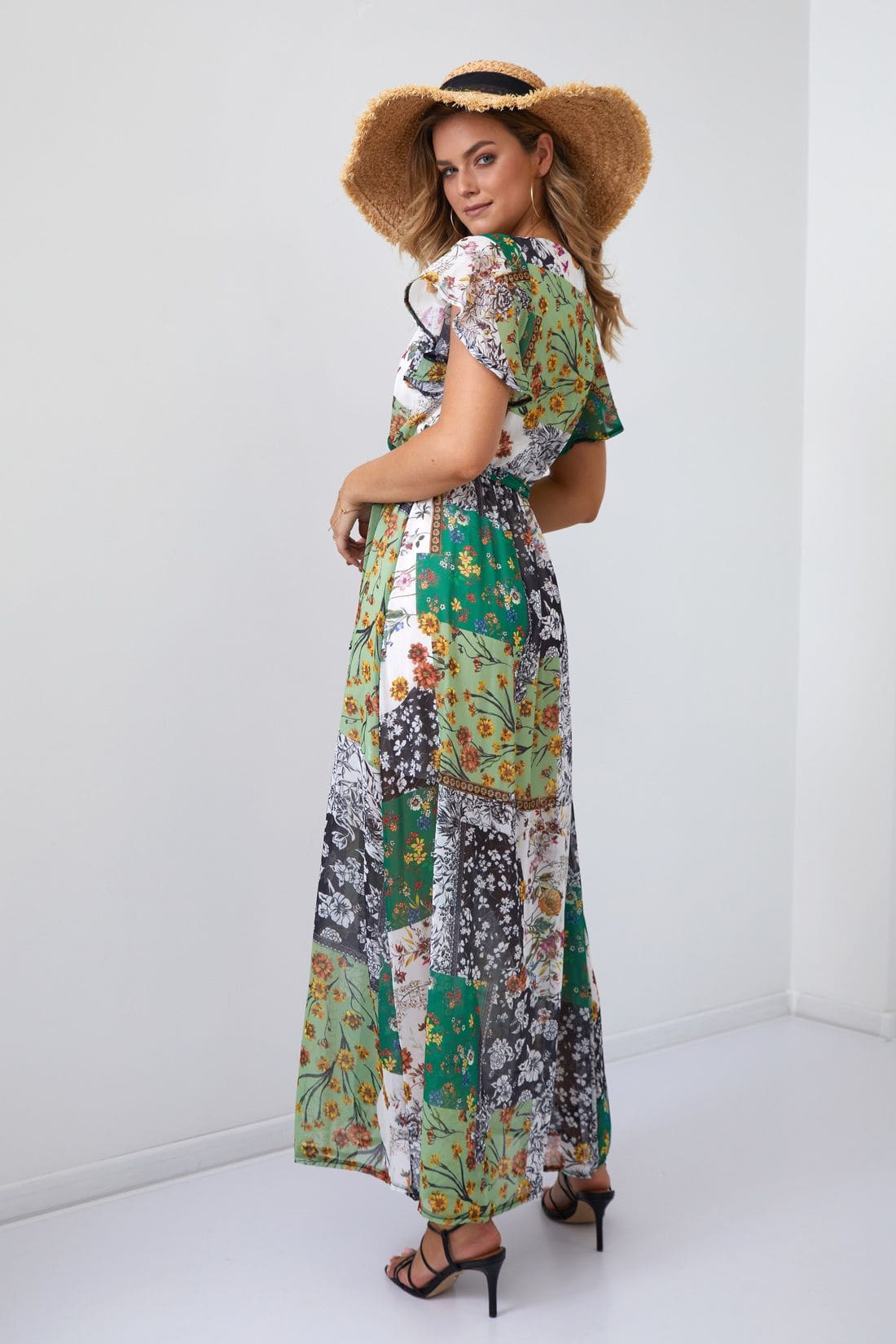 Maxi wrap dress with a belt, green