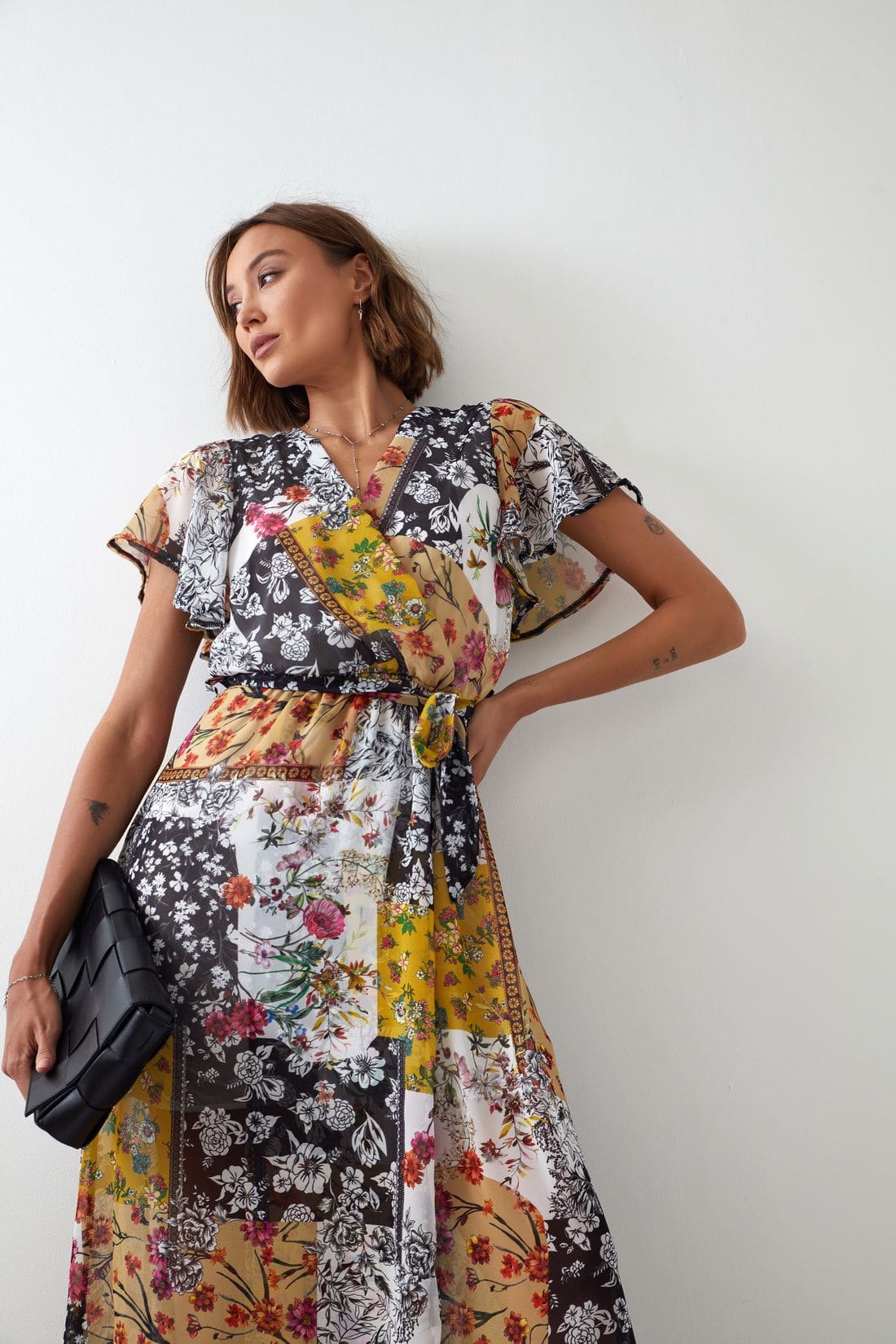 Maxi wrap dress with a belt, yellow
