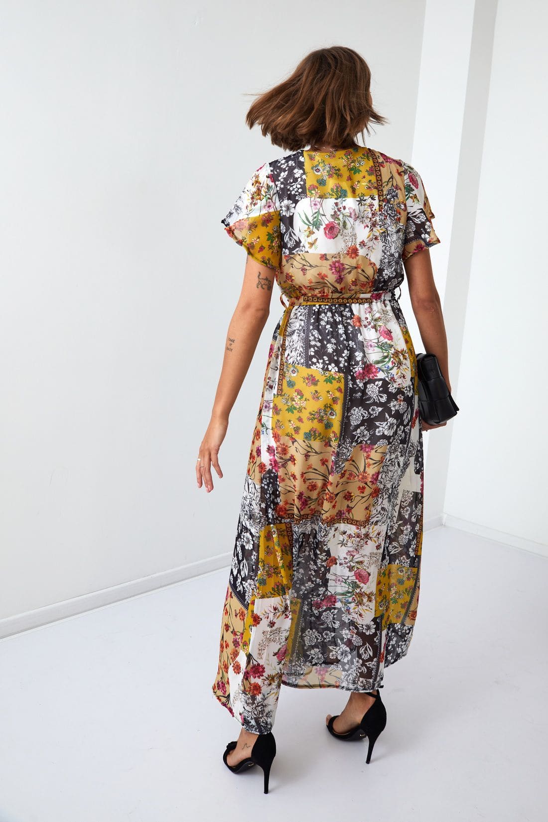 Maxi wrap dress with a belt, yellow
