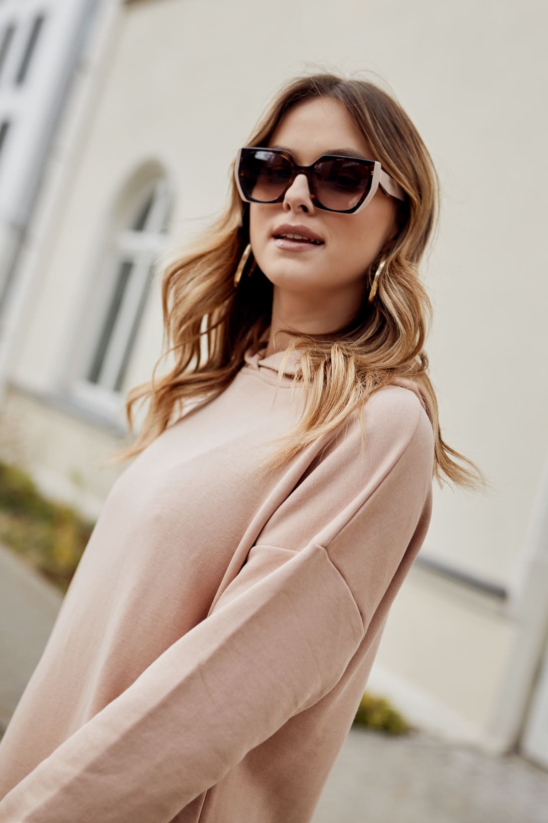 Sports midi dress with a hood, beige