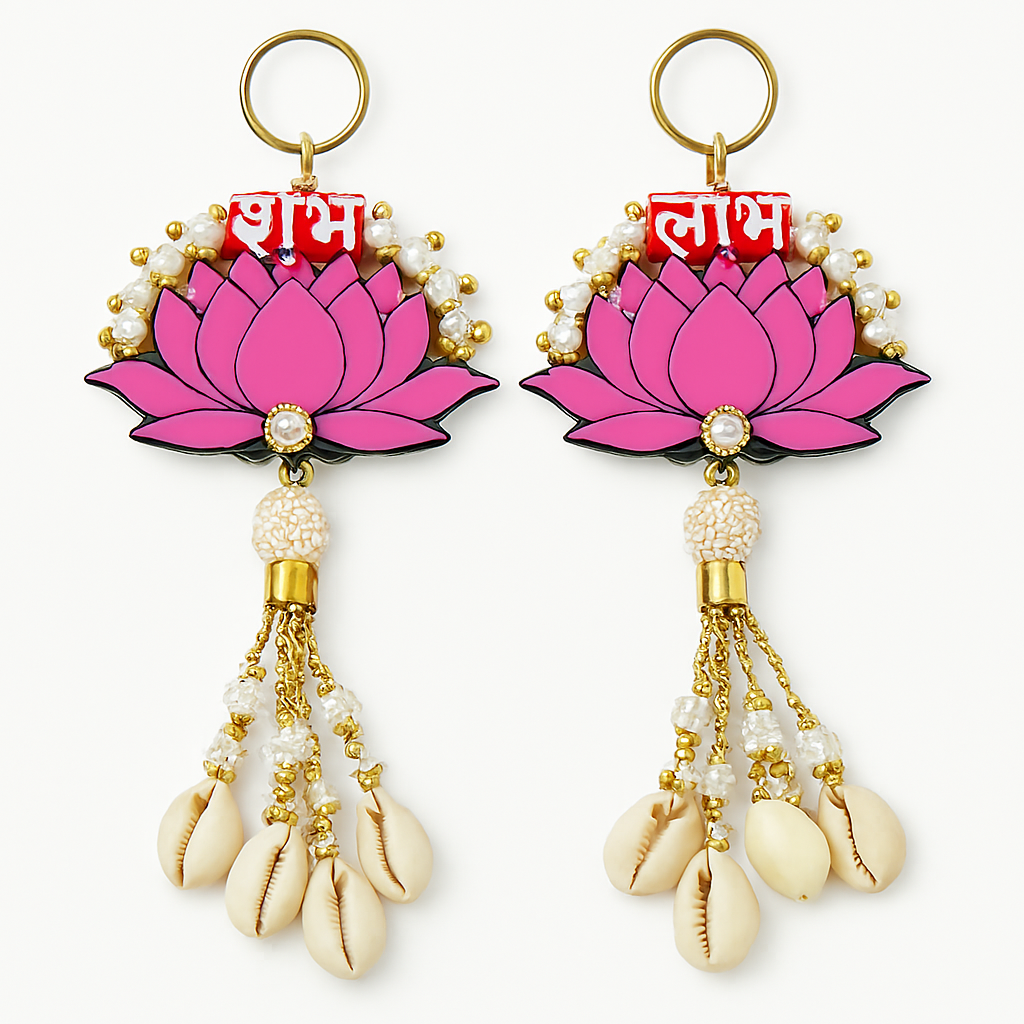 Shubh Labh Lotus Keychains – Pink Floral Design with Tassels & Cowrie