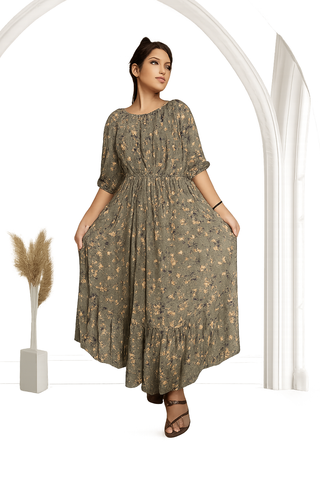 Women's Elegant Long Sleeve Maxi Dress – Leaf Pattern, Fitted Waist,