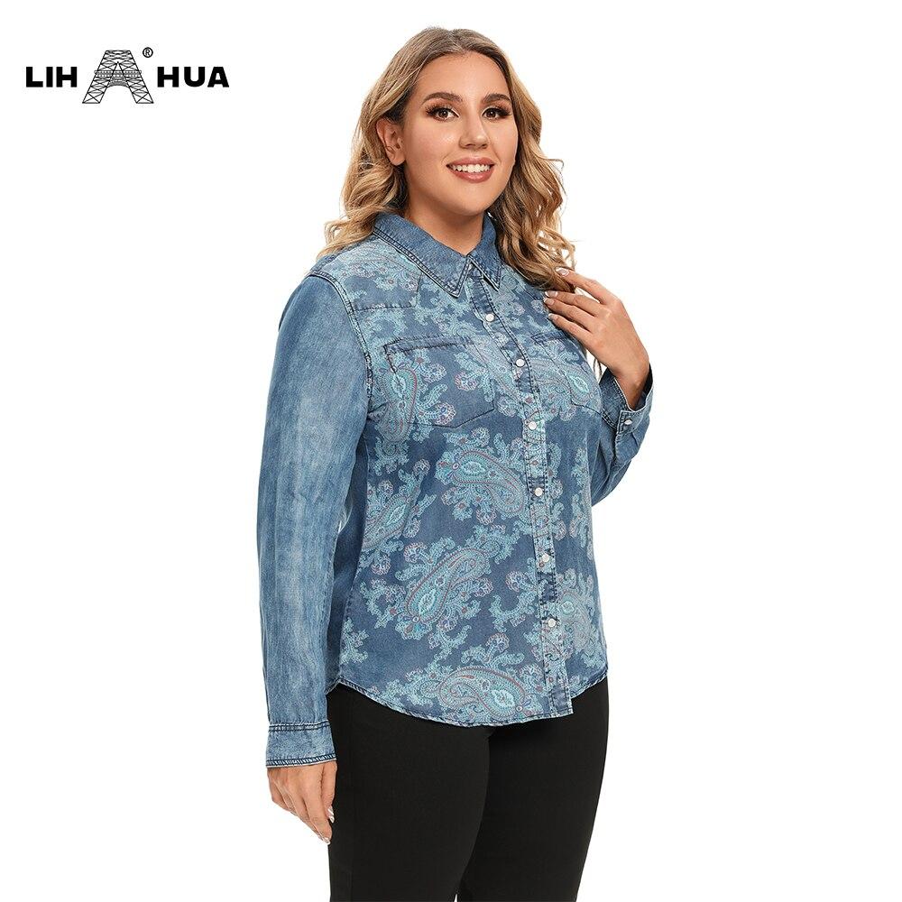 Women's Blouses Plus Size Cotton Woven Denim Shirt Button Up Long