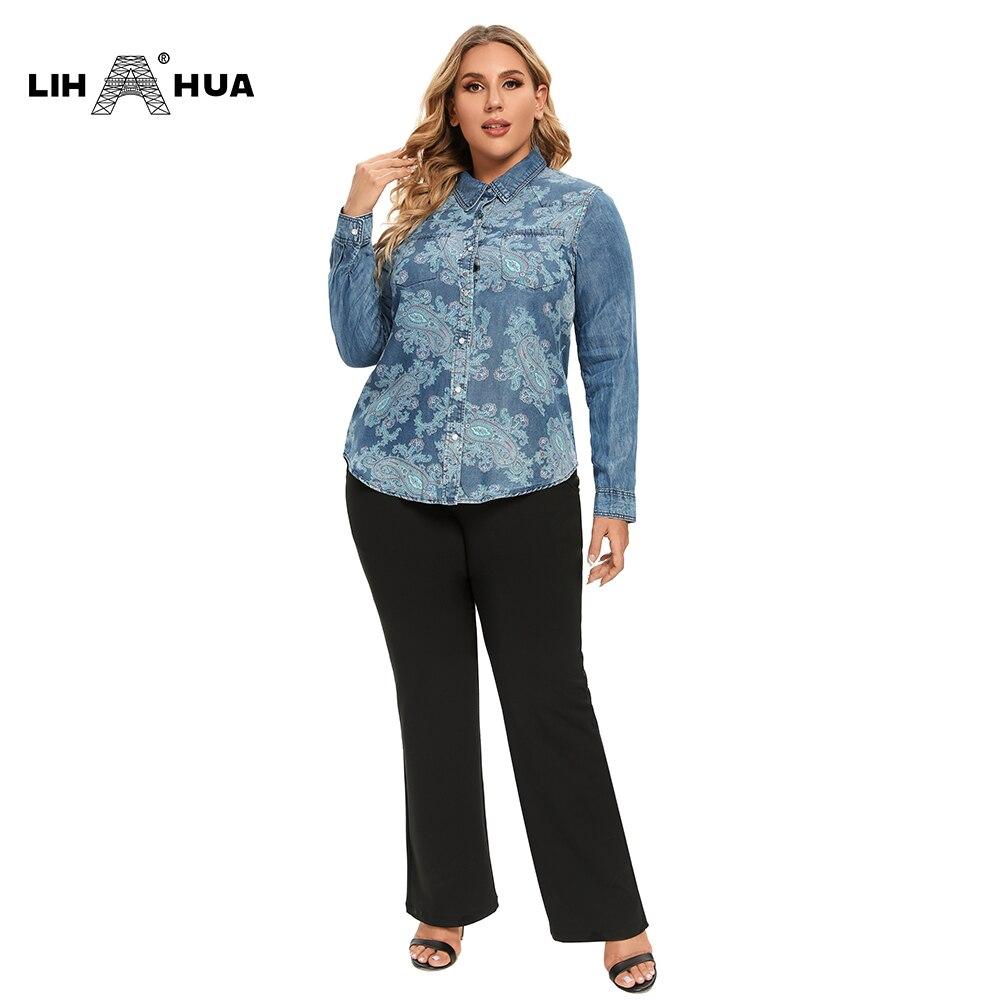 Women's Blouses Plus Size Cotton Woven Denim Shirt Button Up Long