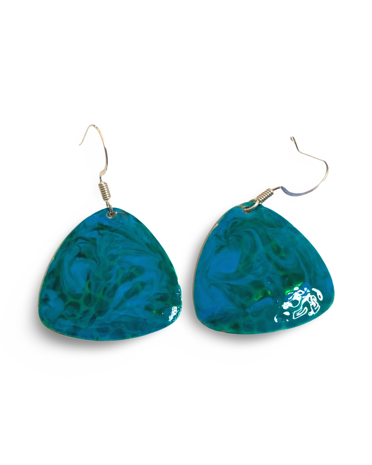 Blue & Green Hand Painted Marbleized Guitar Pick Earrings