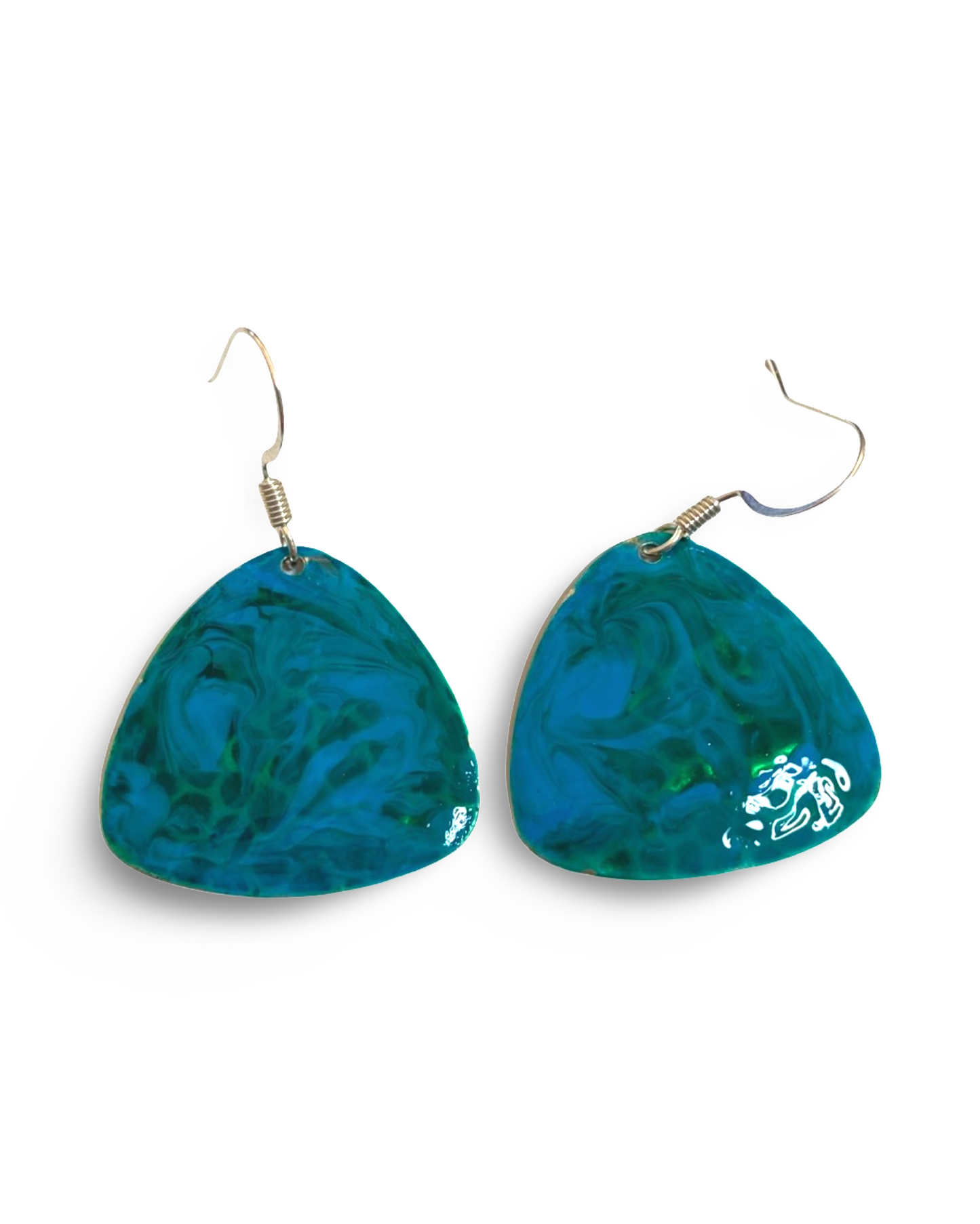 Blue & Green Hand Painted Marbleized Guitar Pick Earrings