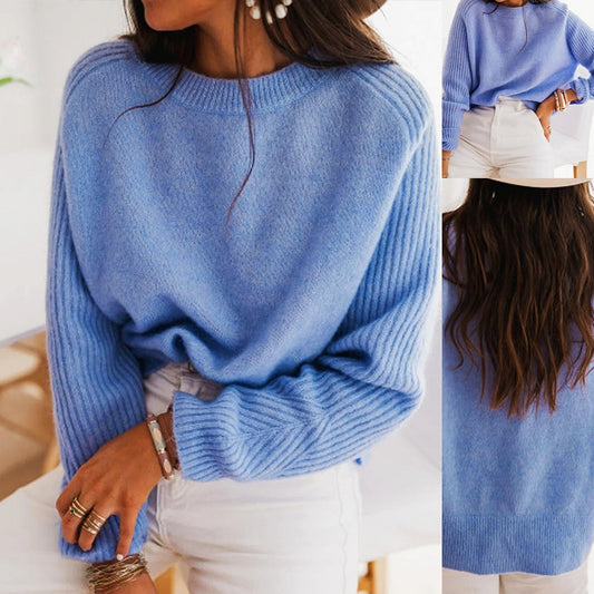 European Milk Blue Bedford Cord Sweater Women's Round-collar