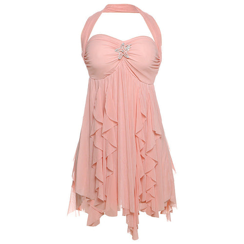 Ins Halter Neck Backless Dress Summer Sexy Printed Irregular Mesh
