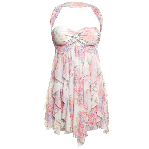 Ins Halter Neck Backless Dress Summer Sexy Printed Irregular Mesh
