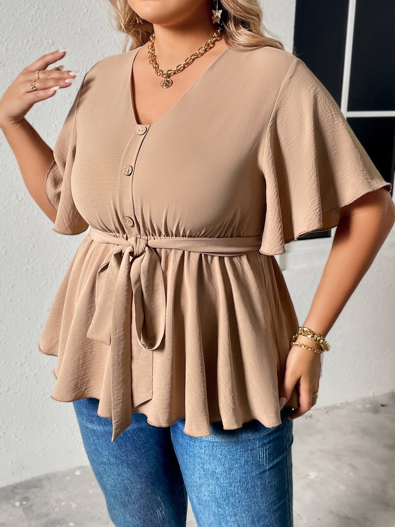Plus Size Buttoned Tie Waistband Flutter Sleeve Blouse
