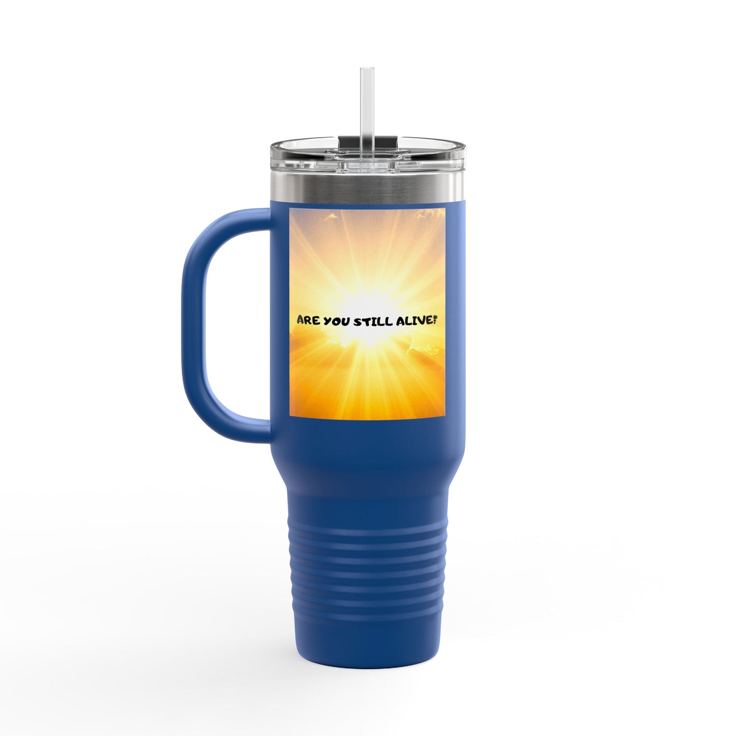 40oz Insulated Travel Mug — Cute Kawaii Face "Live" Design, Large Vacuum Tumbler with Straw