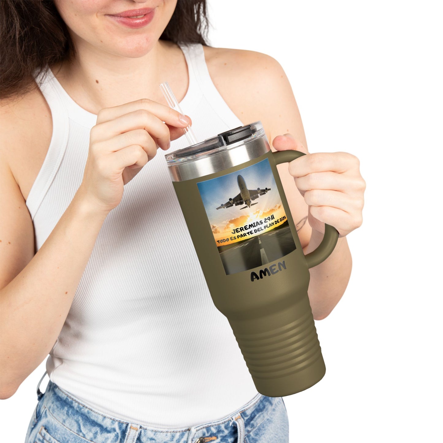 40oz Insulated Travel Mug — Airplane Sunset Design with "Amen" & Jeremiah 29:11 Verse