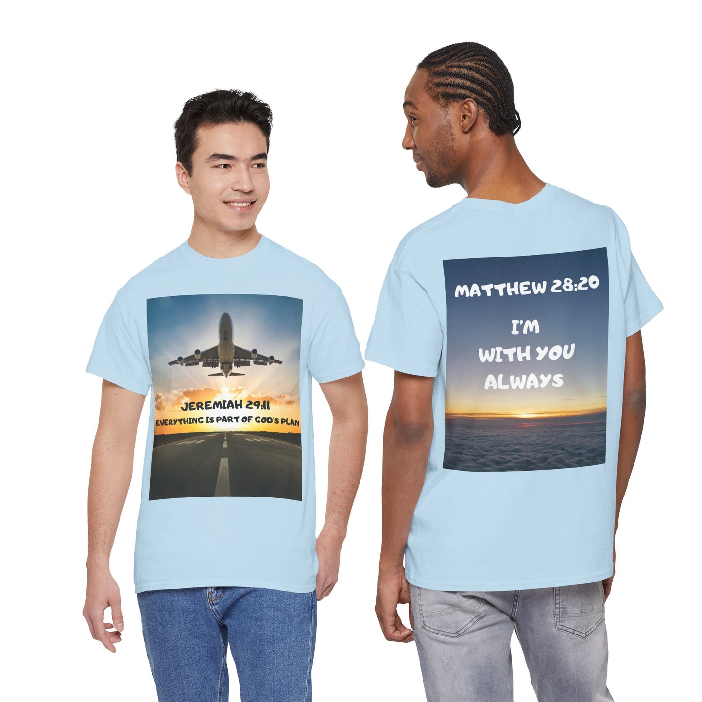 Faith Travel T‑Shirt — “Jeremiah 29:11 / Matthew 28:20” Inspirational Plane Tee