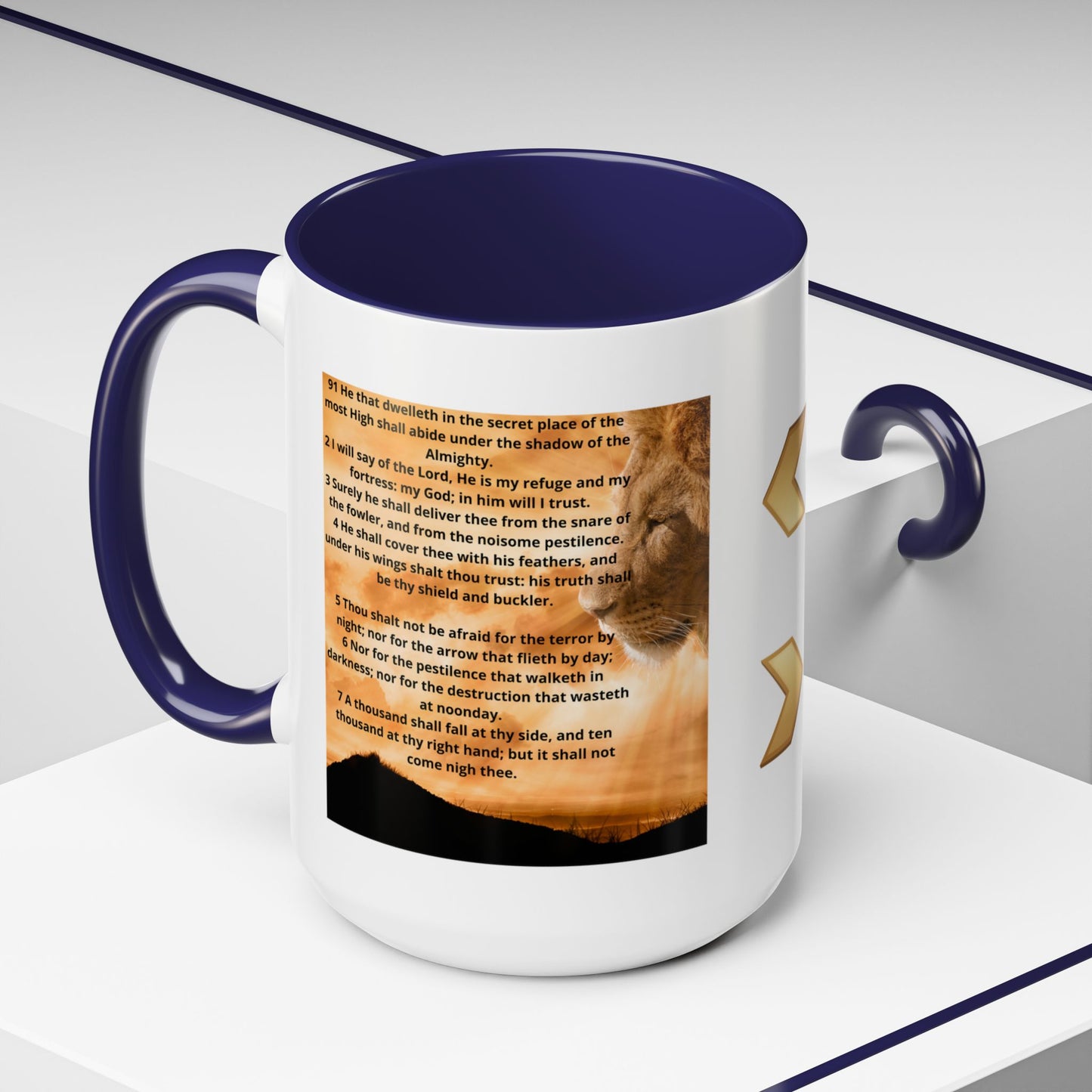 PSALM 91 Inspirational Lion Accent Coffee Mug | Motivational Gift, Scripture Mug, Unique Home Decor, Faith-Based Coffee Cup, Lion Design