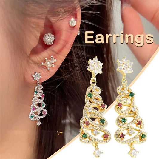 New Full Inlaid Colorful Zircon Christmas Tree Tassel Earrings Women's
