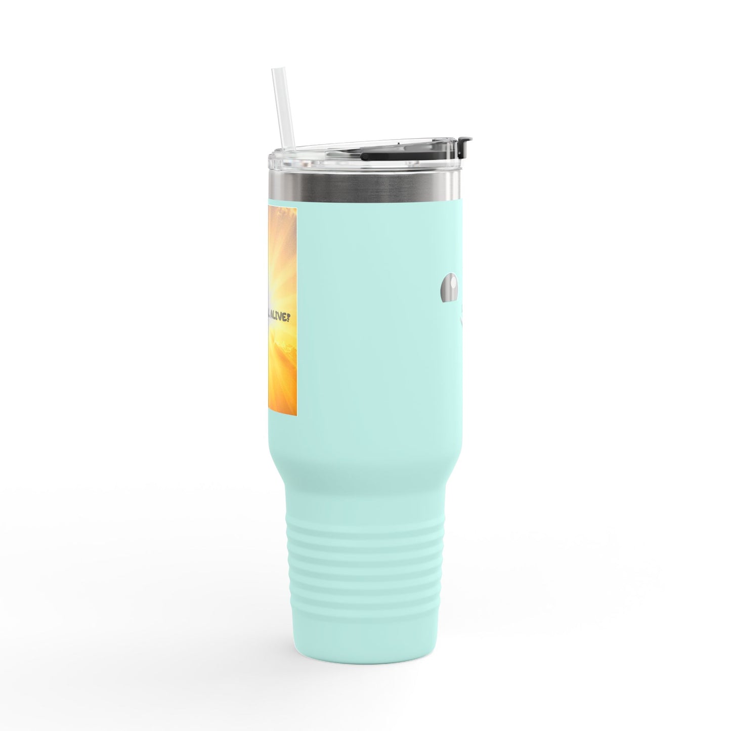 40oz Insulated Travel Mug — Cute Kawaii Face "Live" Design, Large Vacuum Tumbler with Straw
