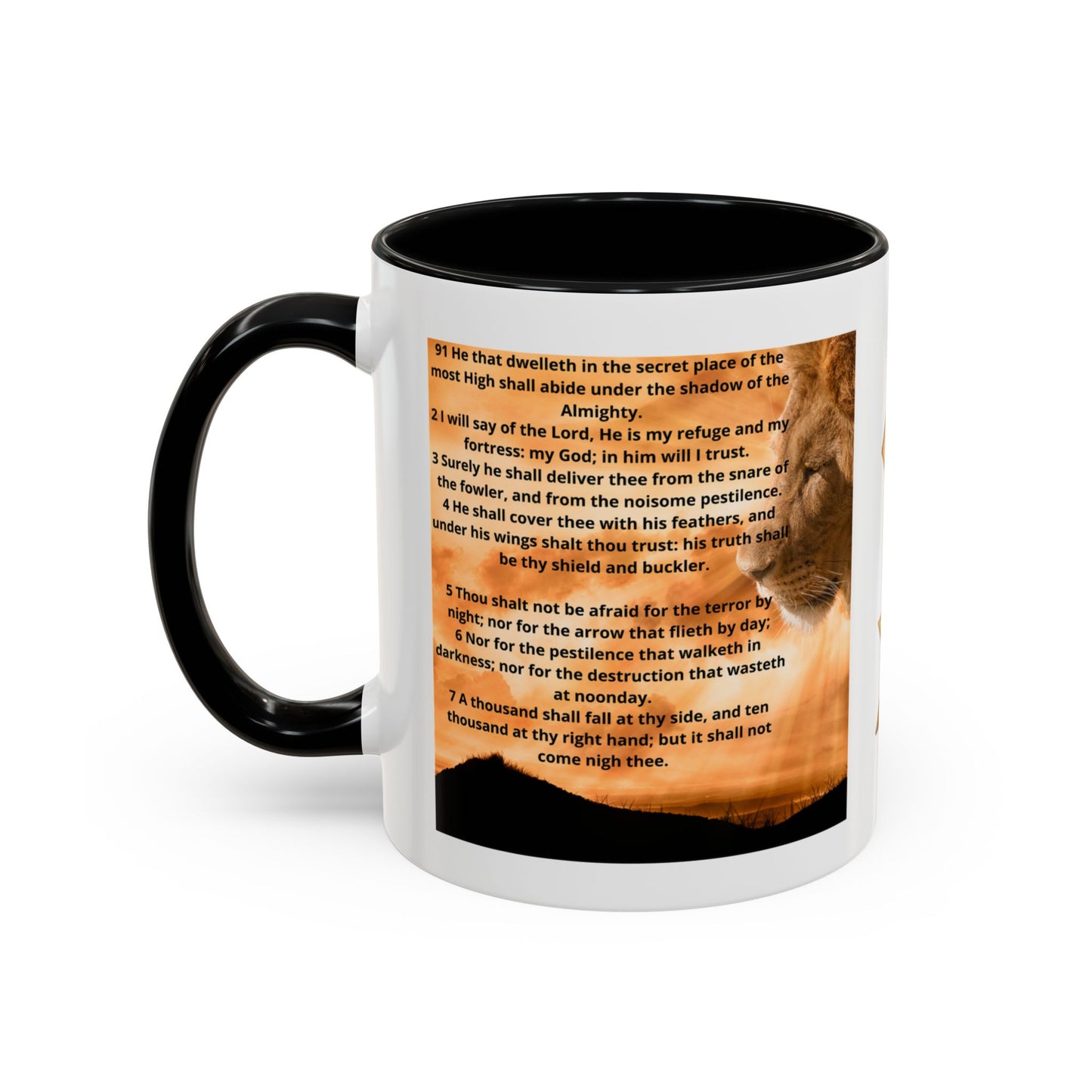 PSALM 91 Inspirational Lion Accent Coffee Mug | Motivational Gift, Scripture Mug, Unique Home Decor, Faith-Based Coffee Cup, Lion Design