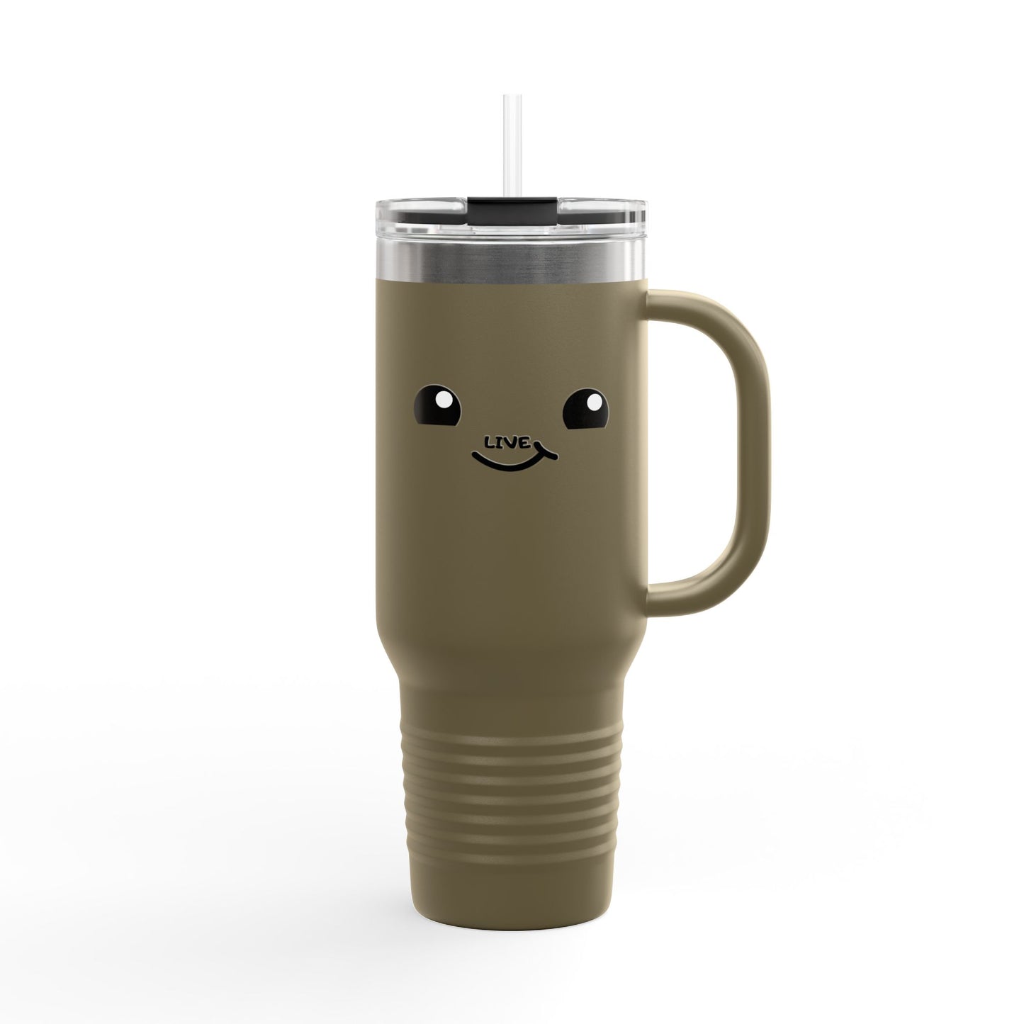 40oz Insulated Travel Mug — Cute Kawaii Face "Live" Design, Large Vacuum Tumbler with Straw