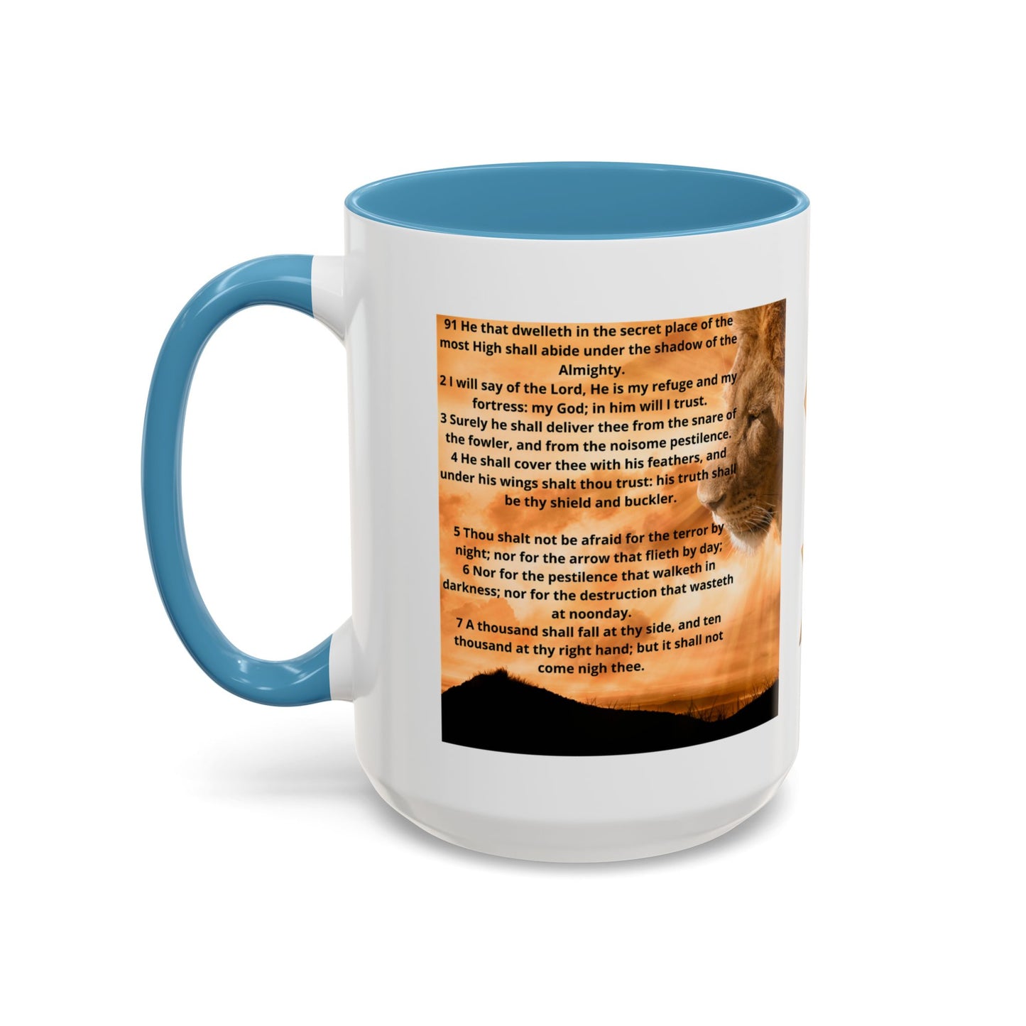 PSALM 91 Inspirational Lion Accent Coffee Mug | Motivational Gift, Scripture Mug, Unique Home Decor, Faith-Based Coffee Cup, Lion Design