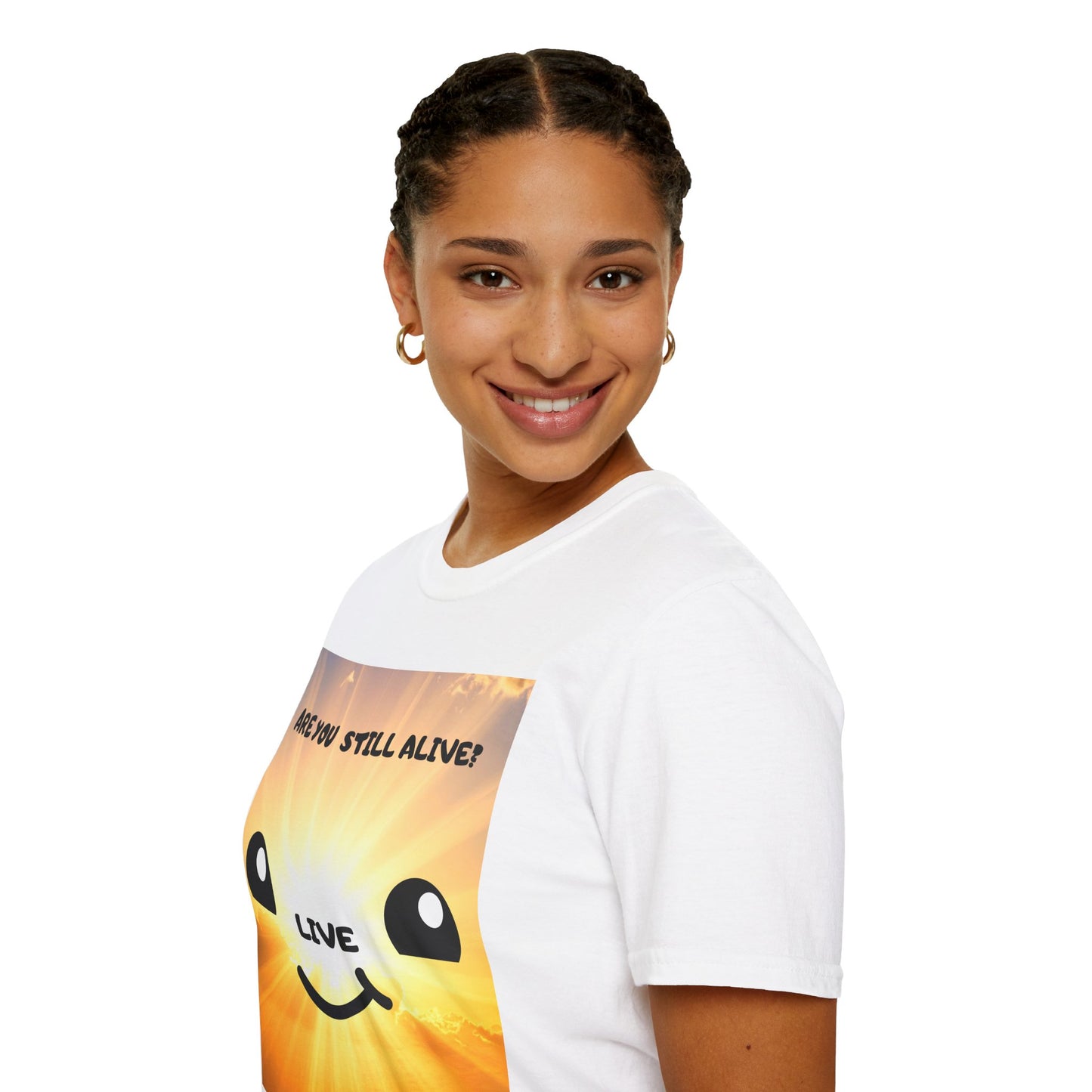 Live Smiley T-Shirt — 'Are You Still Alive?' Sunburst Positive Tee