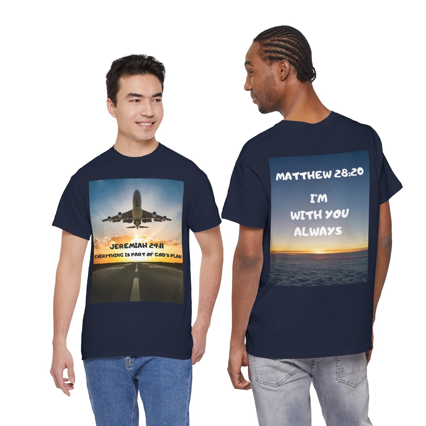 Faith Travel T‑Shirt — “Jeremiah 29:11 / Matthew 28:20” Inspirational Plane Tee