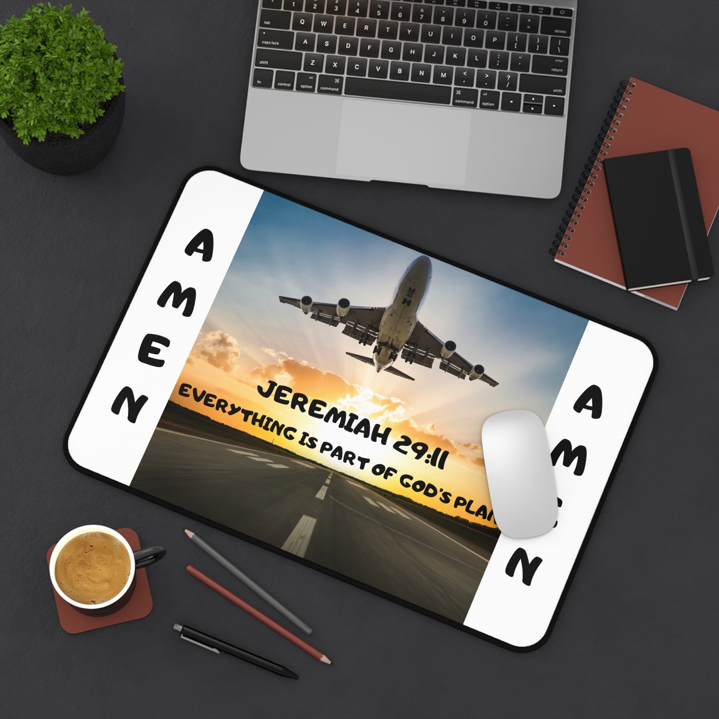 Desk Mat — Jeremiah 29:11 Inspirational Christian Desk Mat with Airplane & "Everything Is Part of God's Plan"