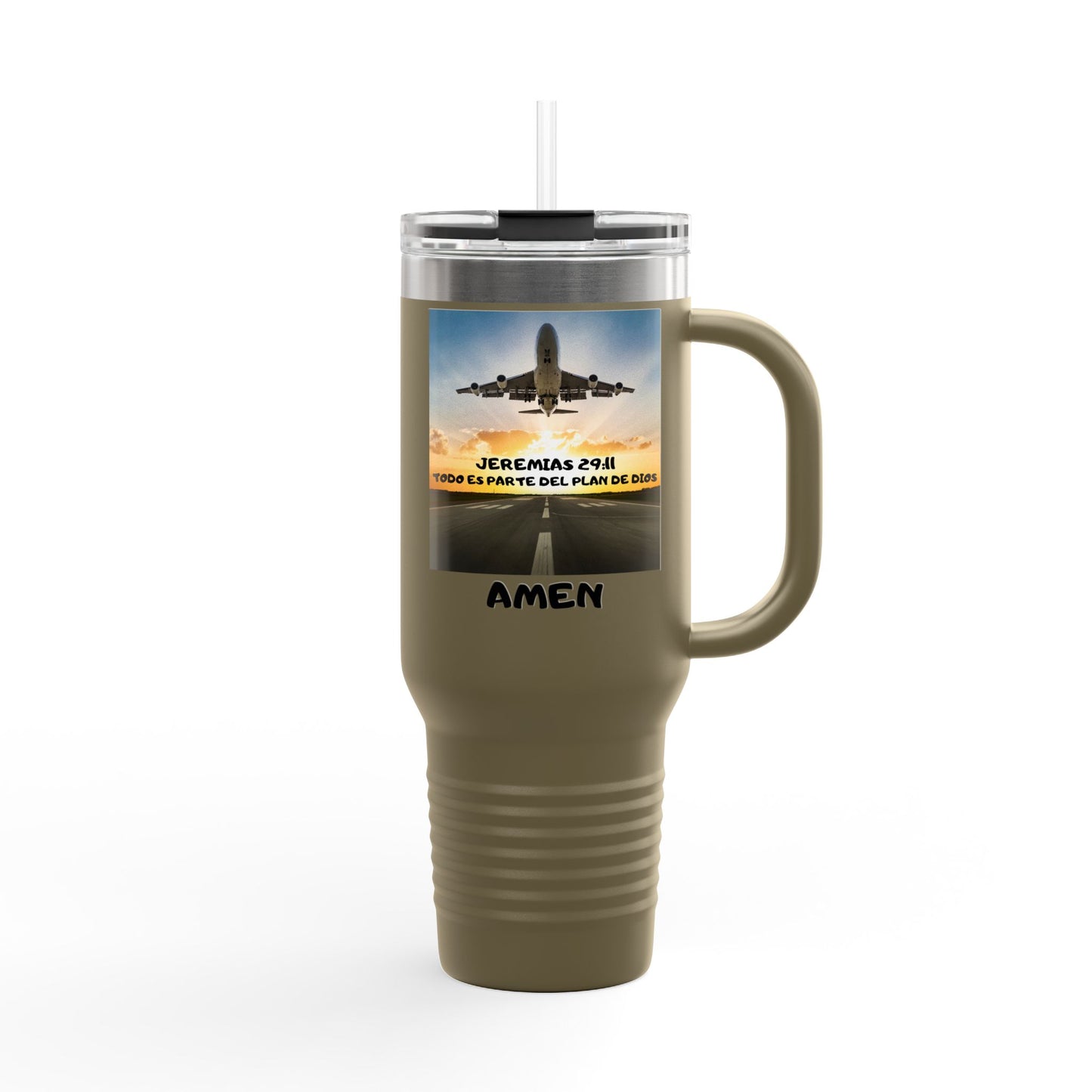 40oz Insulated Travel Mug — Airplane Sunset Design with "Amen" & Jeremiah 29:11 Verse