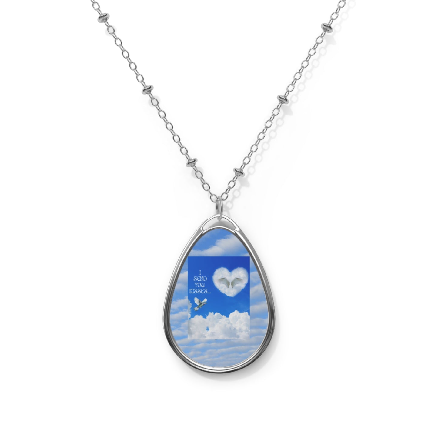 I SEND YOU KISSES Sky Heart Oval Necklace - Meaningful Gift, Inspirational Jewelry, Cloud Design, Birthday Gift, Mother's Day, Keepsake Pendant