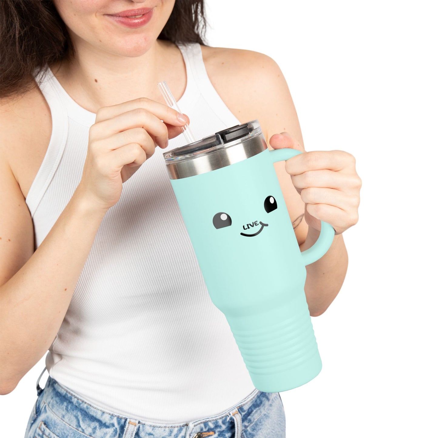 40oz Insulated Travel Mug — Cute Kawaii Face "Live" Design, Large Vacuum Tumbler with Straw