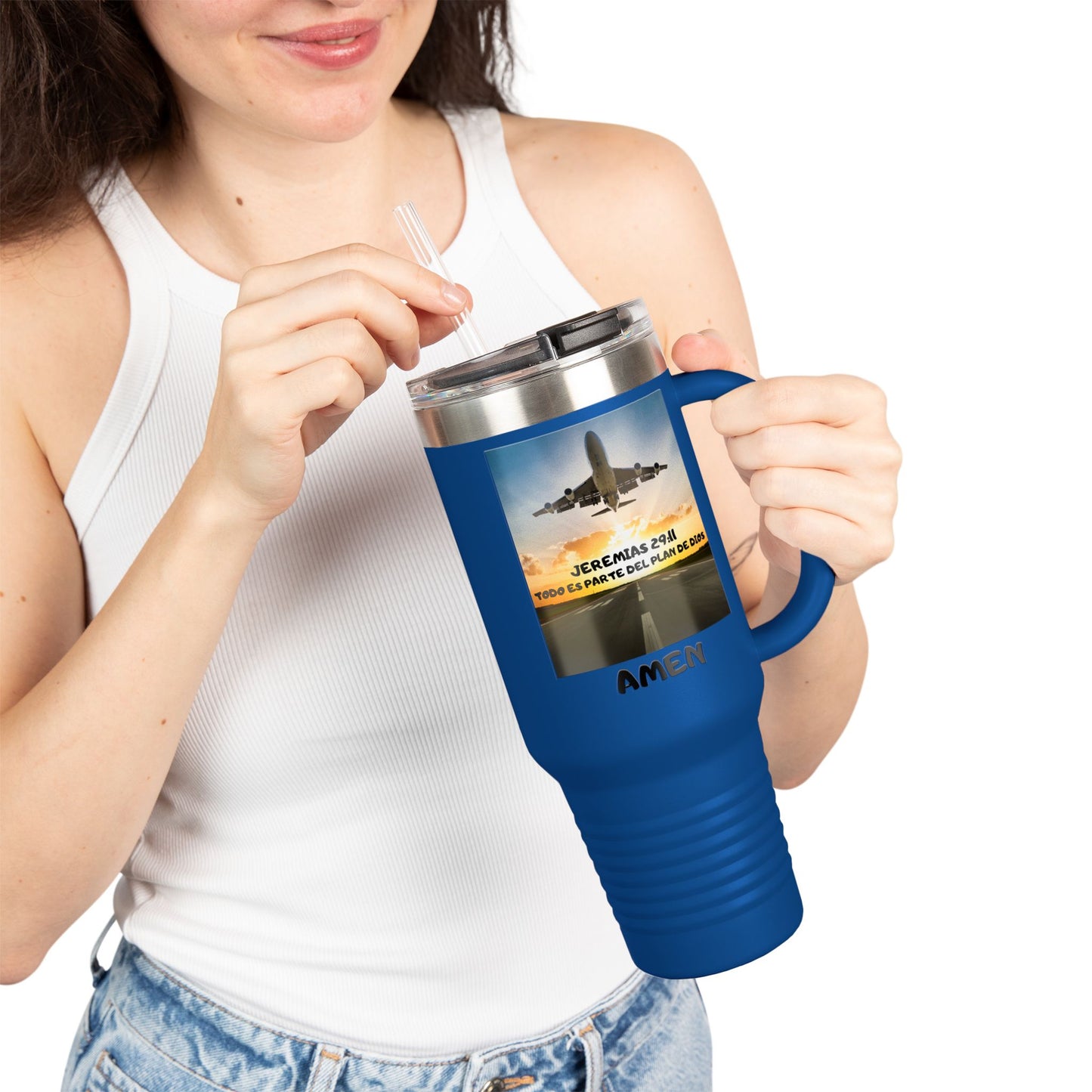 40oz Insulated Travel Mug — Airplane Sunset Design with "Amen" & Jeremiah 29:11 Verse