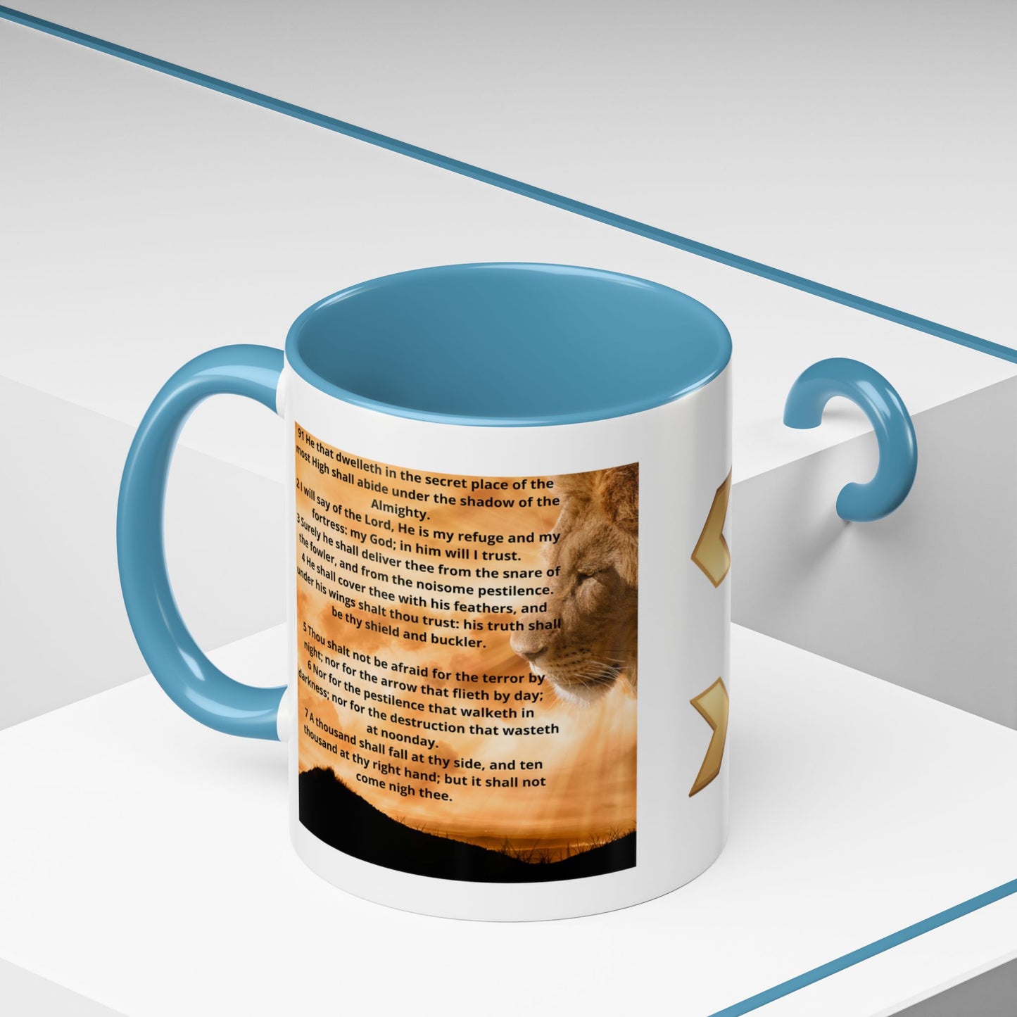 PSALM 91 Inspirational Lion Accent Coffee Mug | Motivational Gift, Scripture Mug, Unique Home Decor, Faith-Based Coffee Cup, Lion Design