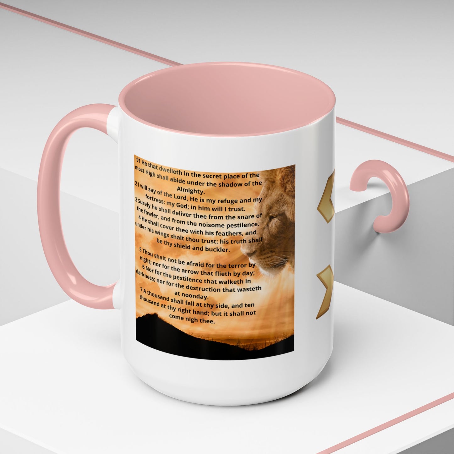 PSALM 91 Inspirational Lion Accent Coffee Mug | Motivational Gift, Scripture Mug, Unique Home Decor, Faith-Based Coffee Cup, Lion Design