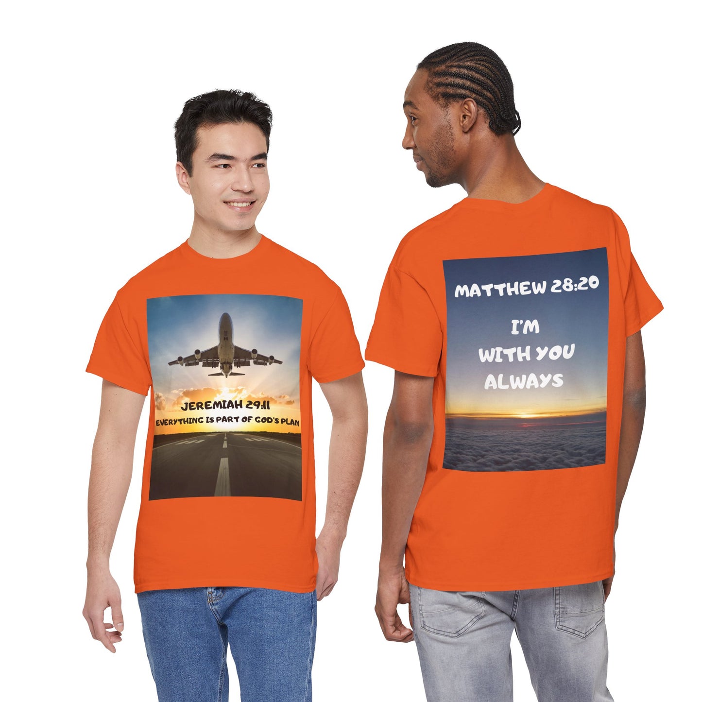 Faith Travel T‑Shirt — “Jeremiah 29:11 / Matthew 28:20” Inspirational Plane Tee